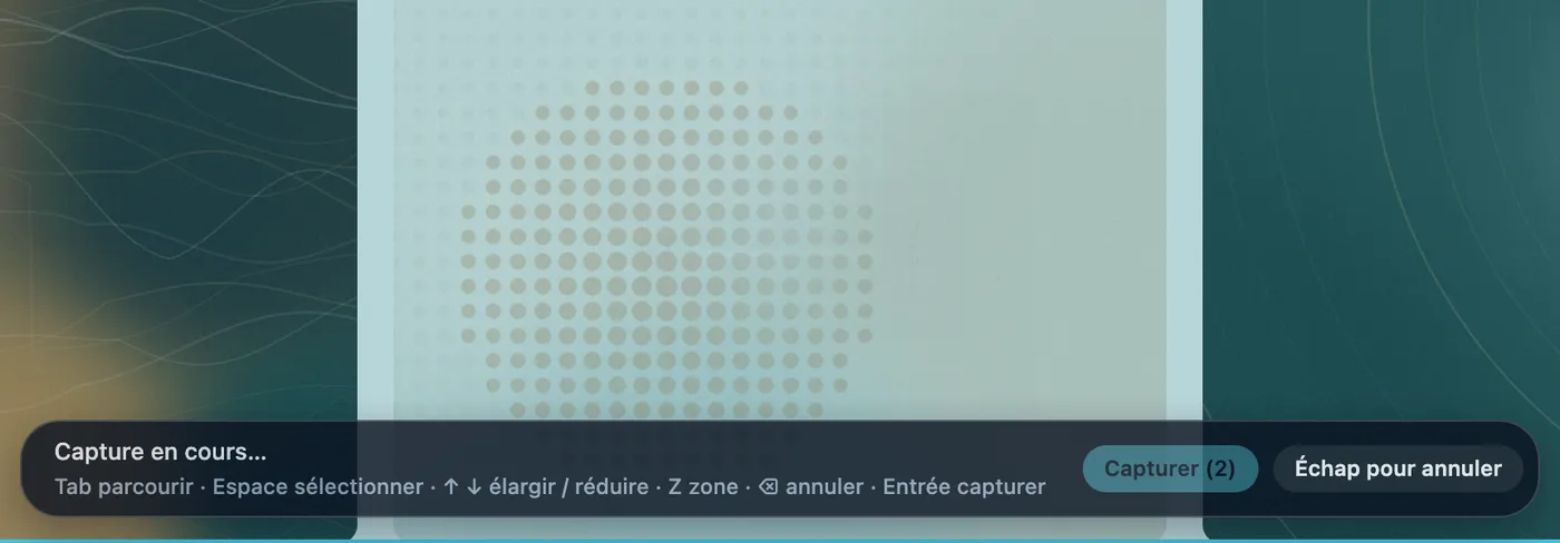 Barre d’aide affichant « Capture en cours… » et « Capturer (2) » sur la galerie sélectionnée.