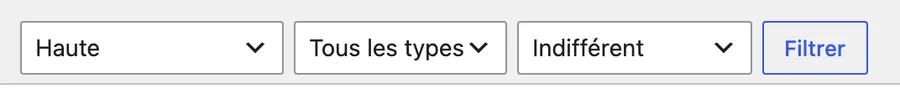 Filtres de la liste par priorité, type et personne assignée.