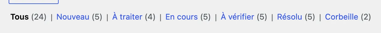 Vues de la liste avec le Pro : Tous, Nouveau, À traiter, En cours, À vérifier, Résolu, Corbeille.