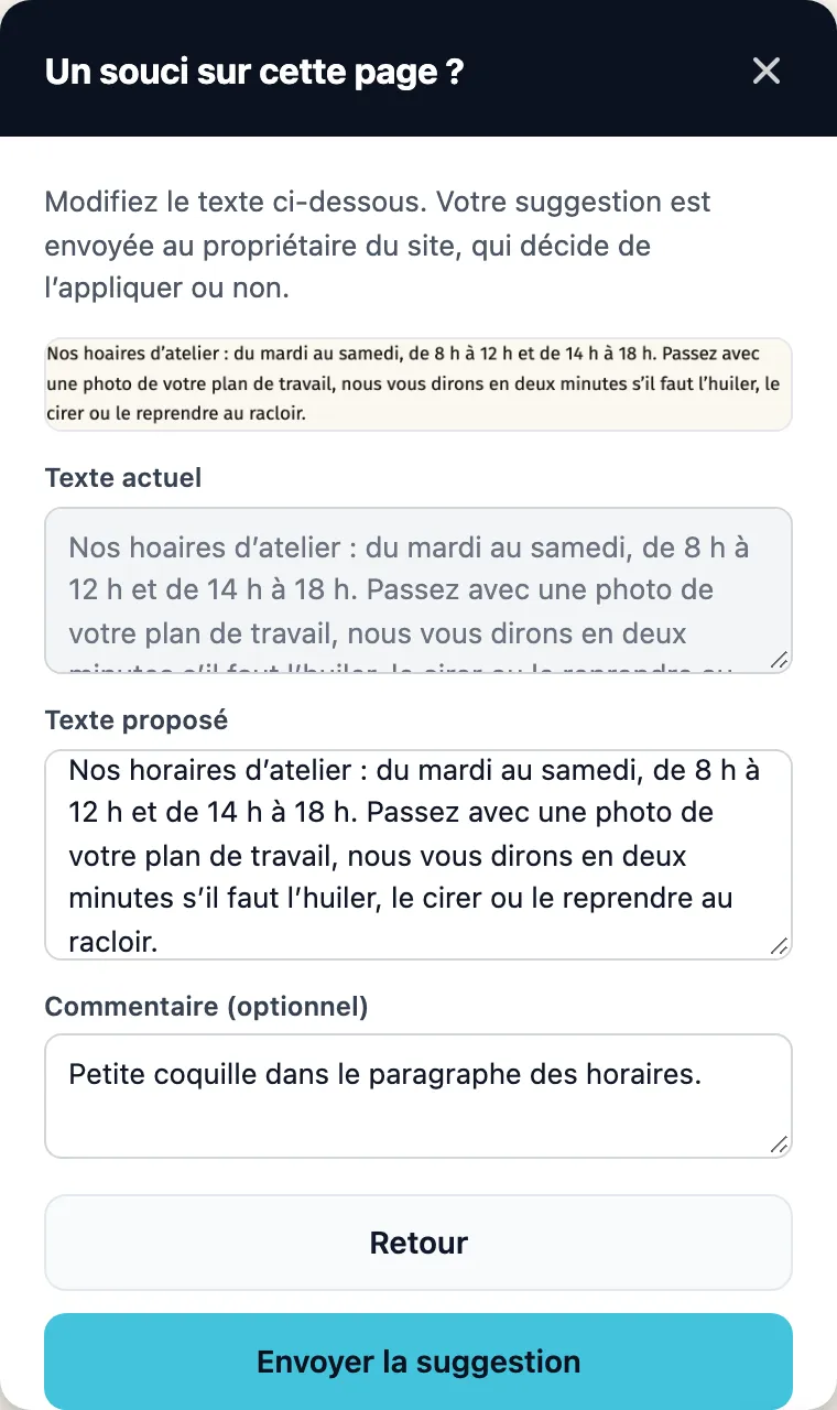 Panneau « Proposer une correction de texte » : texte actuel, texte proposé, commentaire.