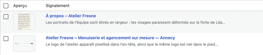 Liste des signalements, deux lignes avec aperçu.