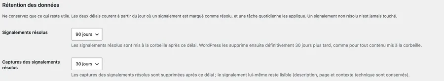 Réglages de rétention des signalements et des captures.