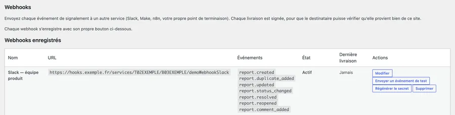 Webhooks enregistrés : Slack, sept événements.