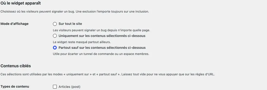 Visibilité avancée : où le widget apparaît.