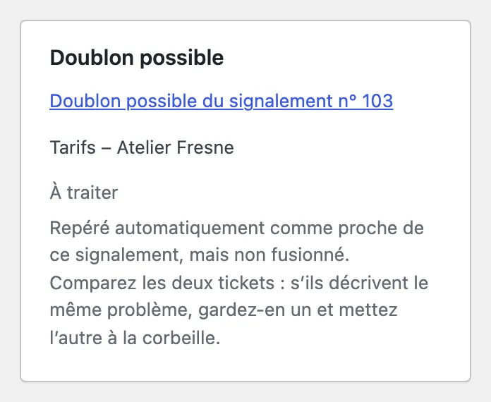Carte « Doublon possible » d’un ticket.