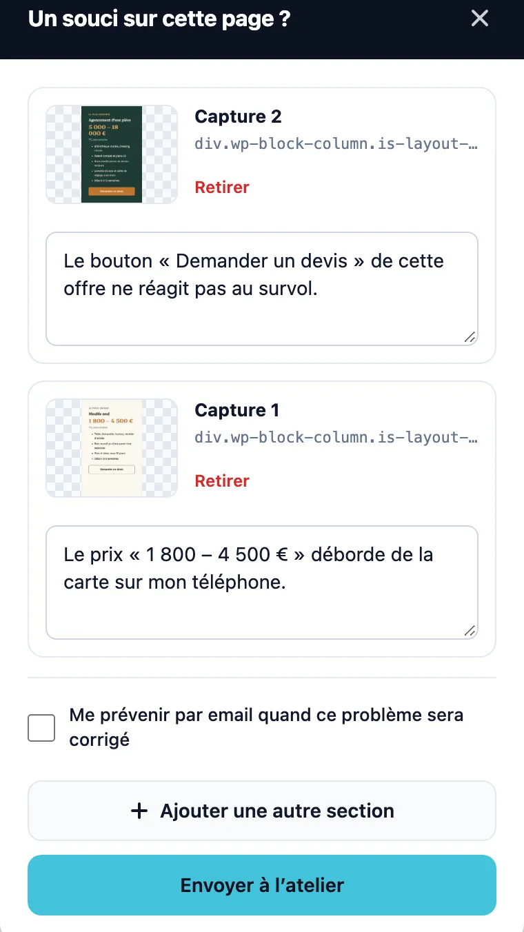 Panneau du widget : deux captures, chacune suivie de sa description.