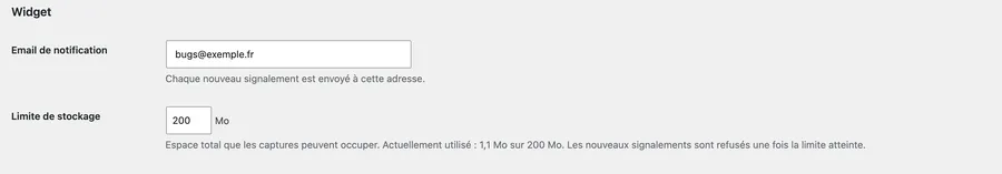 Réglages : e-mail de notification et limite de stockage des captures.