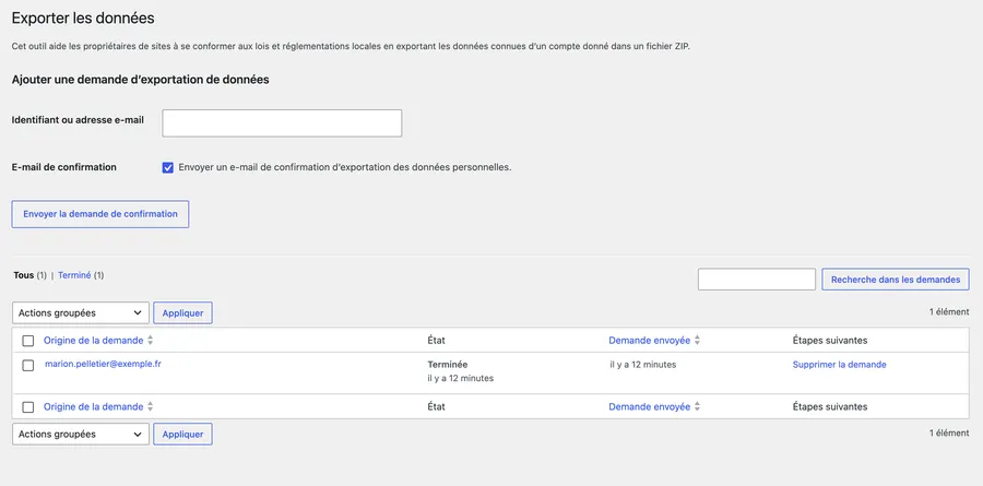 Outil WordPress « Exporter les données personnelles ».