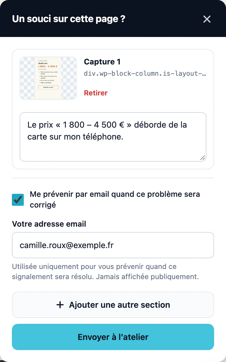 Panneau du widget avec une capture décrite, la case « Me prévenir par email » cochée et le champ d’adresse rempli.