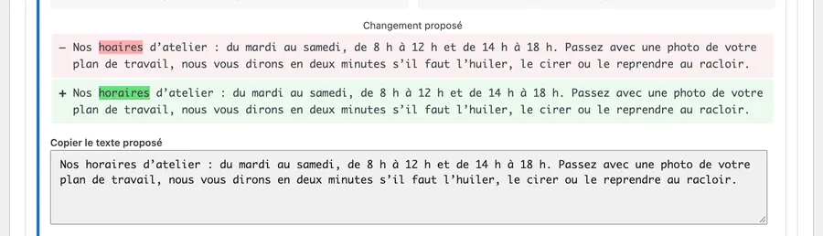 Modification de texte suggérée, différence mot à mot.
