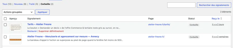 Vues Tous, Nouveau, Traité et Corbeille, avec deux signalements dans la corbeille.