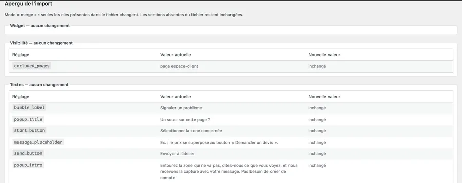 Aperçu d’un import de configuration, réglage par réglage.