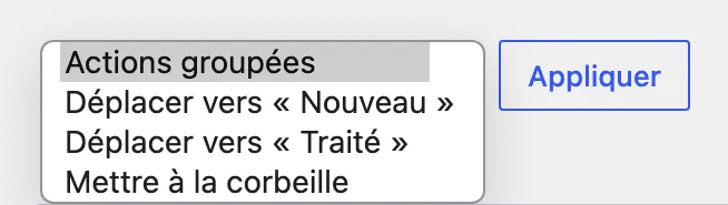 Menu des actions groupées de la liste.