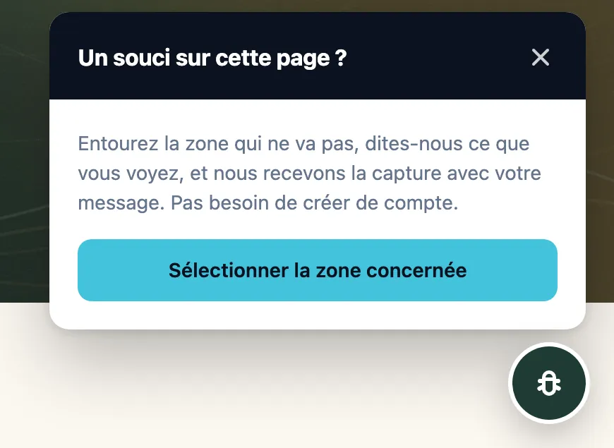 Panneau du widget ouvert au-dessus de la bulle, intitulé « Un souci sur cette page ? », avec le bouton « Sélectionner la zone concernée ».