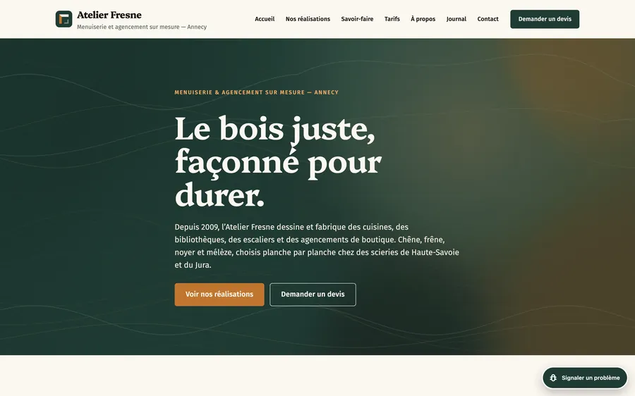 Page d’accueil du site de démonstration avec la bulle « Signaler un problème » en bas à droite.