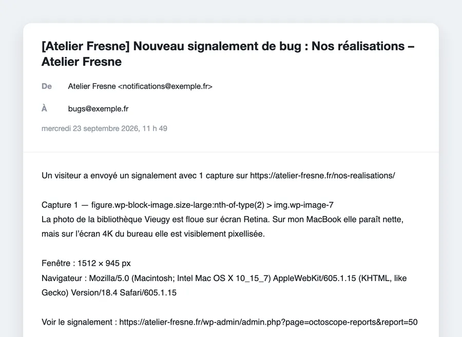 E-mail reçu par l’administrateur, avec le lien vers le signalement.