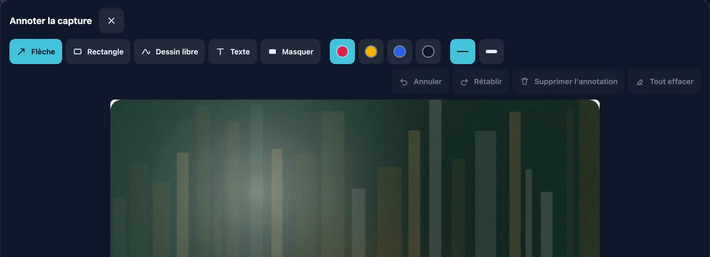 Éditeur « Annoter la capture » et sa barre d’outils : flèche, rectangle, dessin libre, texte, masquer.