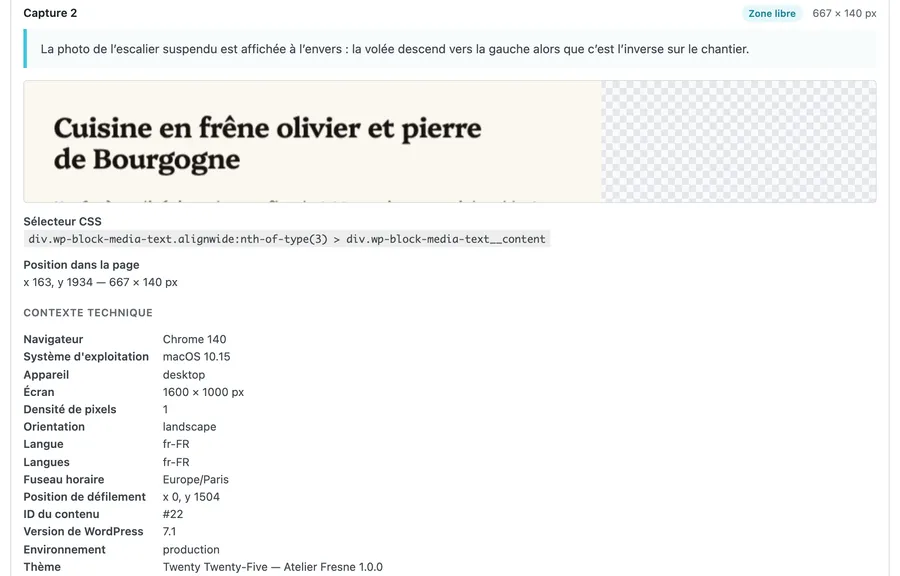Détail d’une capture : sélecteur CSS et position dans la page.