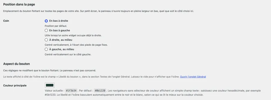 Réglages d’apparence : position et couleur de la bulle.