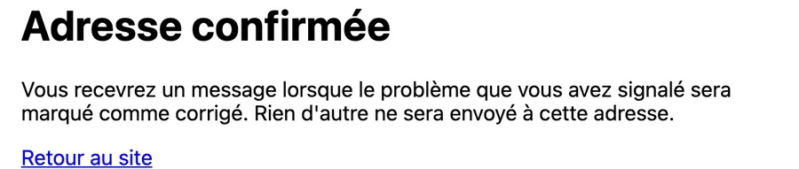 Message de confirmation d’adresse du visiteur.