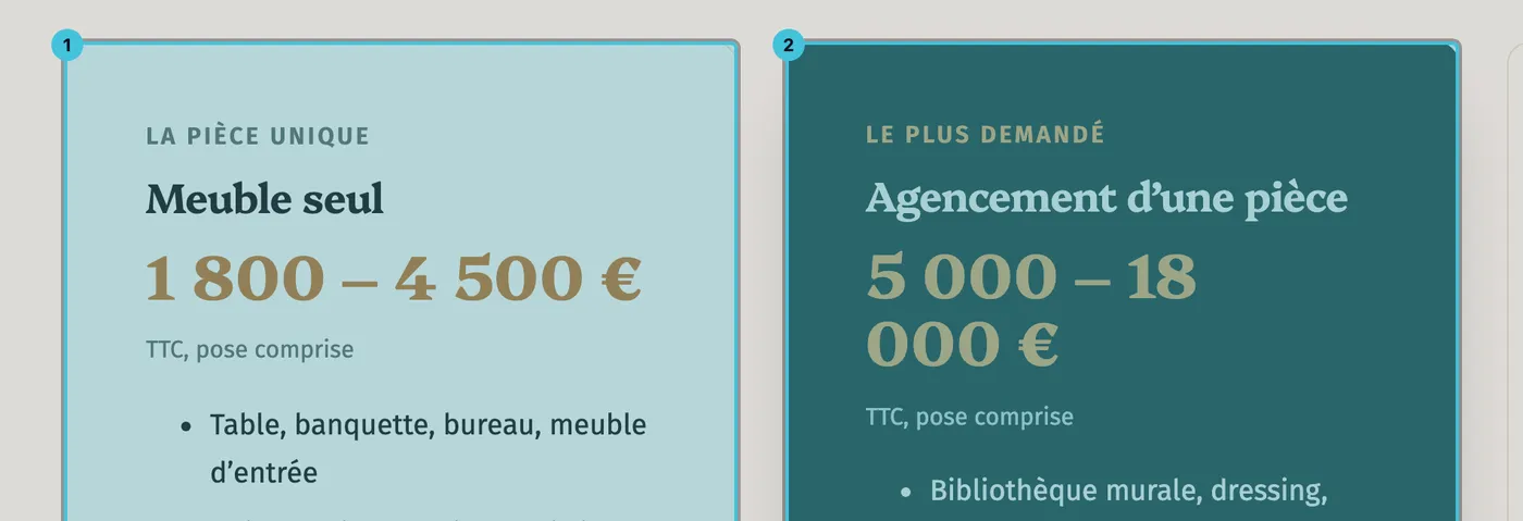 Deux cartes de tarif sélectionnées, chacune encadrée et numérotée, 1 et 2.