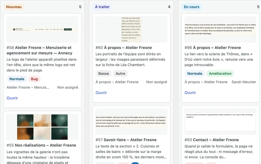 Tableau Kanban, colonnes Nouveau, À traiter et En cours.