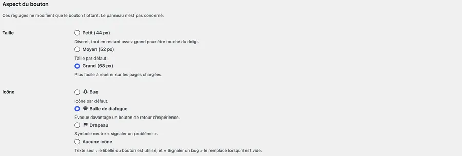 Apparence (Pro) : taille et icône de la bulle.
